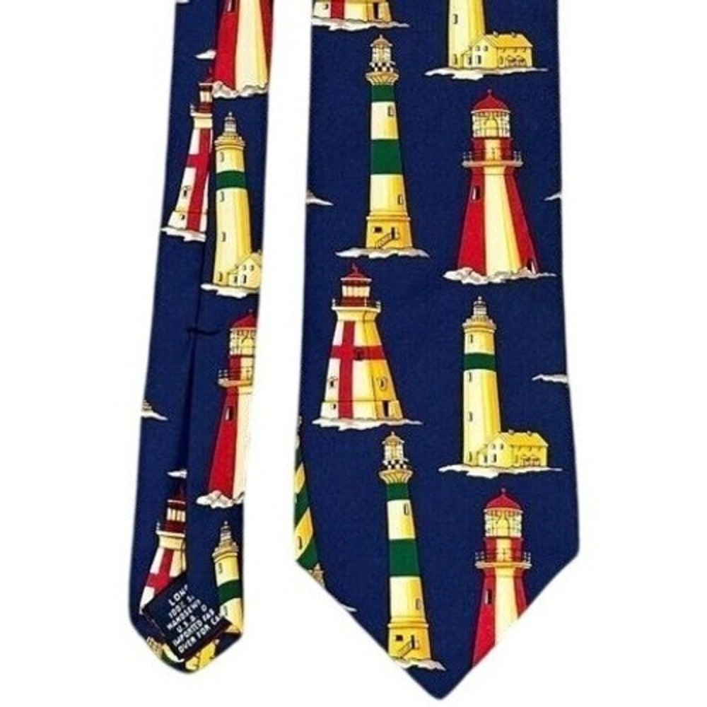 Lands End Tie Mens Long Blue Lighthouse Boating Dock Club Preppy Resort USA Made